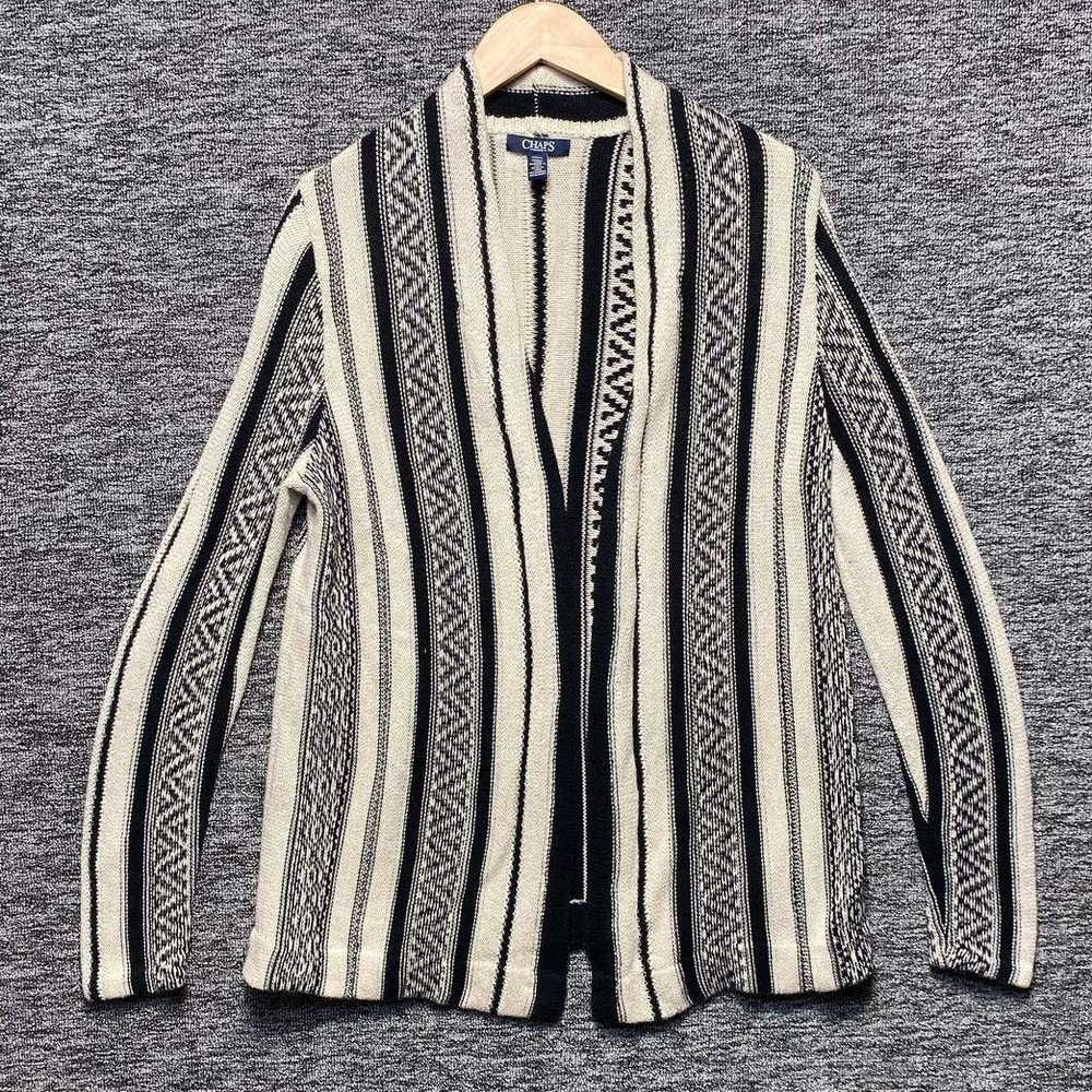 Chaps Denim Cardigan Sweater Medium M Womens Open Front Black Cream Knit Striped